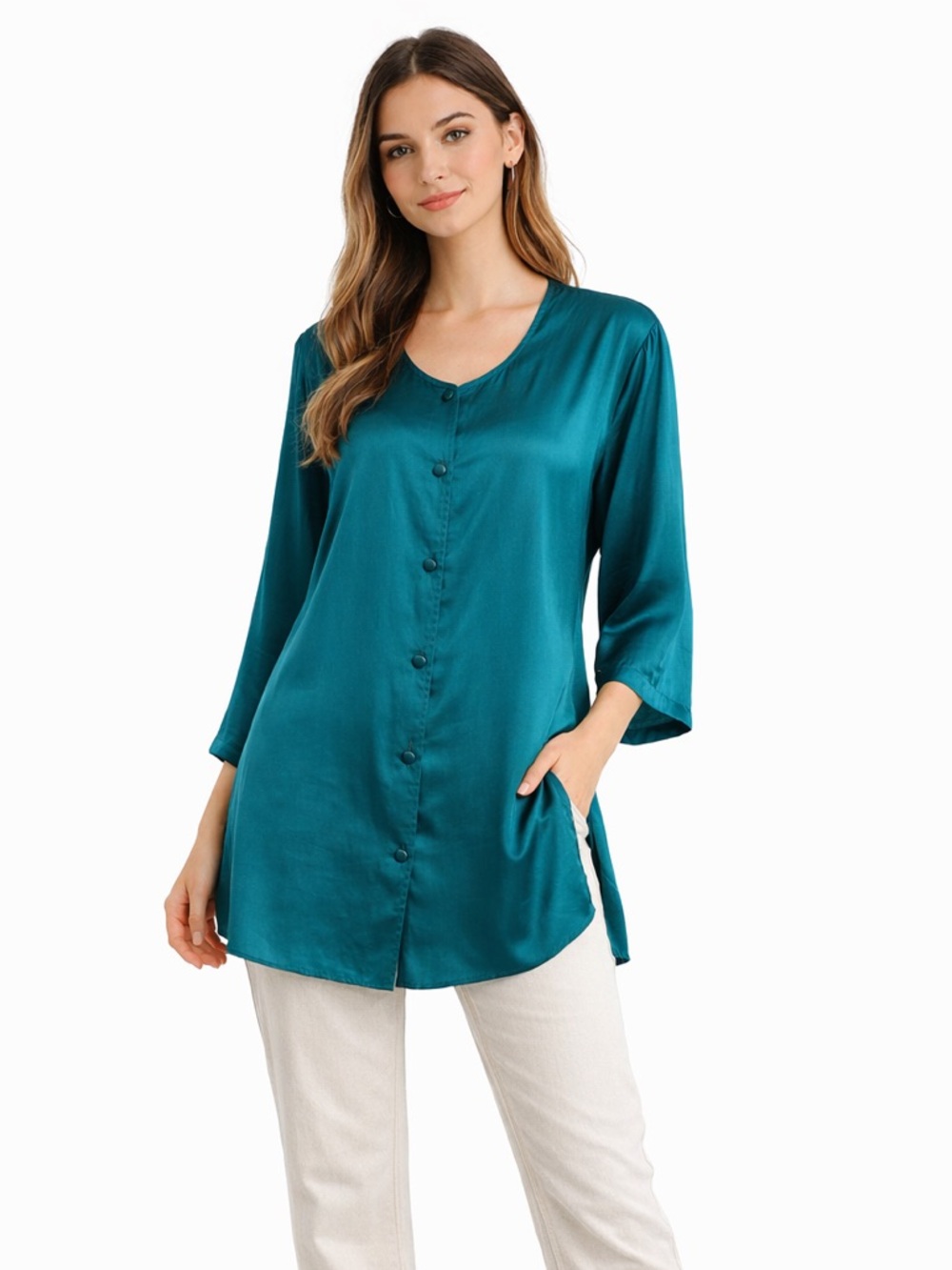 Victoria’s Secret 100% Silk Teal Longline Blouse Button Front Long Sleeve Size S